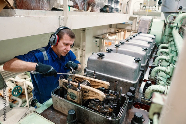 Fototapeta Marine engineer officer reparing vessel engines and propulsion in engine control room ECR. Ship onboard maintenance