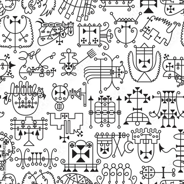 Fototapeta Seamless pattern with demon symbols and their sigils. Occult sings collection