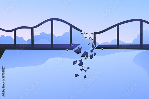 Fototapeta A large dark blue bridge against the backdrop of a gentle blue sky. Repairing work the bridge. Destruction of the canvas, collapse of the bridge structural. 