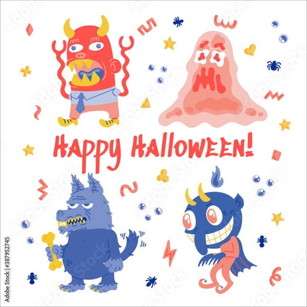 Fototapeta Monster Cartoon Character set. Hand drawn vector illustration with Beast, Slime Slug, Wolf, Devil and small patterns. Mystery, All Saints Day concept for Mystery party, posters, greeting cards