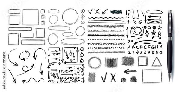 Fototapeta Vector Hand Drawn Set of Planning Elements, Correction Marks, Black 3D Pen and Drawings, Isolated.
