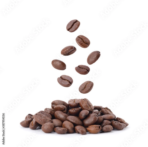 Fototapeta Flying whirl roasted coffee beans in the air studio shot isolated on white background, Healthy products by organic natural ingredients concept