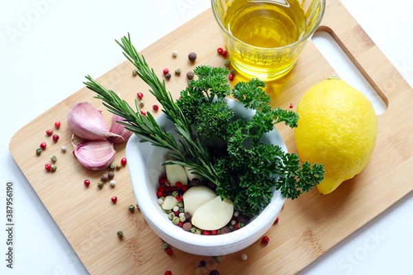 Obraz mortar filled with fresh herbs