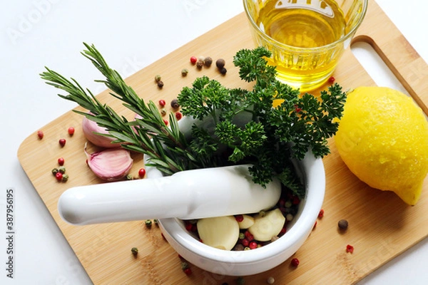 Obraz mortar filled with fresh herbs