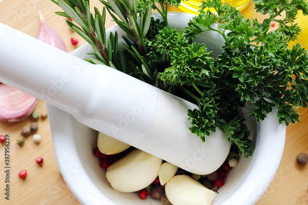 Obraz mortar filled with fresh herbs