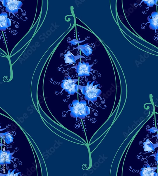 Fototapeta Delphinium. The stylized image of a flower on a background of a leaf. Seamless pattern. Vector graphics