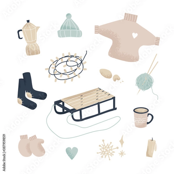 Fototapeta Hello winter. Delicate minimalistic set of elements for winter decor. Sweater, socks, garland, hat, mittens, sled, candle, coffee pot, mug and snowflakes. Winter vector illustration in cartoon style.