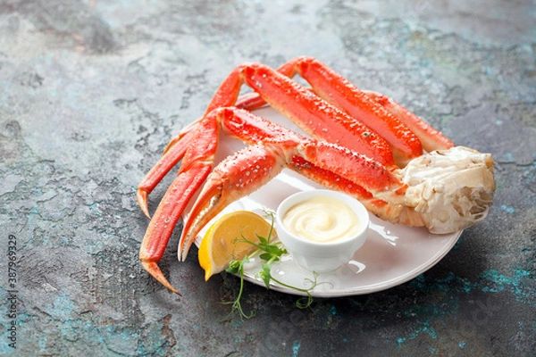 Obraz Crab legs with mayonnaise sauce, selective focus