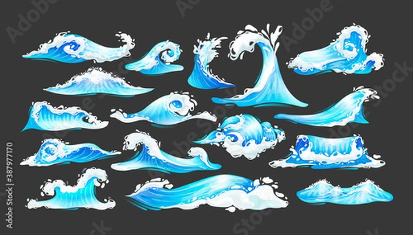 Fototapeta Sea ocean wave set. Blue water ocean waves, marine surf wave, ripples tides sea storm, tsunami, tidal different shapes, splash water motion with spray isolated vector