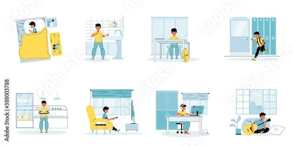 Fototapeta Little boy character day schedule isolated scene set. Children daily life, everyday routine. Cute child sleeping, brushing teeth, studying eating at school, doing homework at computer, playing guitar