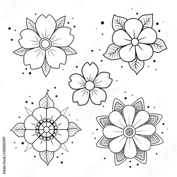 Fototapeta Old school tattoo flower set. Hand drawn black outline inflorescence. Traditional classic sketch tattoo flash. Coloring book page. Stock vector illustration isolated on white background.