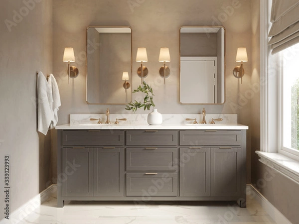 Fototapeta 3d classic luxury contemporary chic beige  bathroom with two rectangle brass mirrors and a dark wood cabin	
