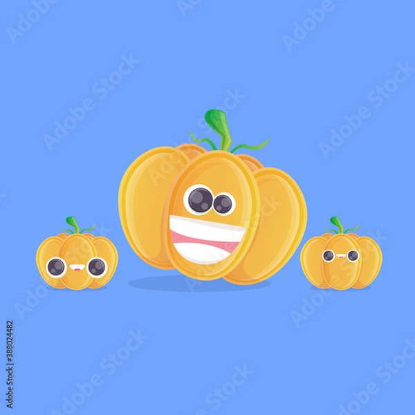 Fototapeta vector funny cartoon pumpkin character isolated on blue background. funky smiling cute autumn vegetable character. Halloween cartoon smiling pumpkin