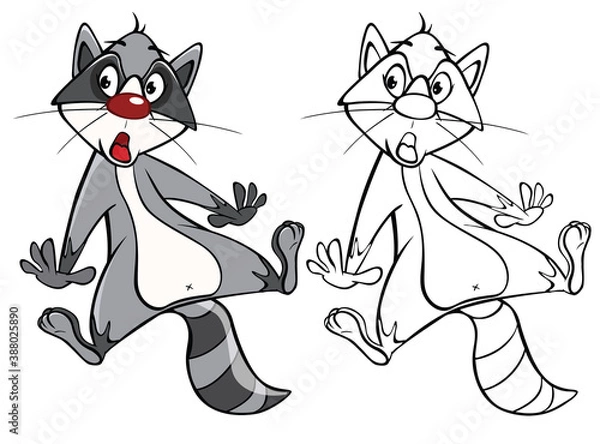 Fototapeta Vector Illustration of a Cute Cartoon Character Raccoon  for you Design and Computer Game. Coloring Book Outline Set 