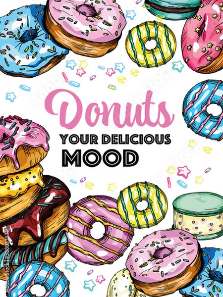 Fototapeta Raster illustration of donuts. Different doughnuts, macarons, cookies, icing, decoration. Bright postcards and colorful banners.