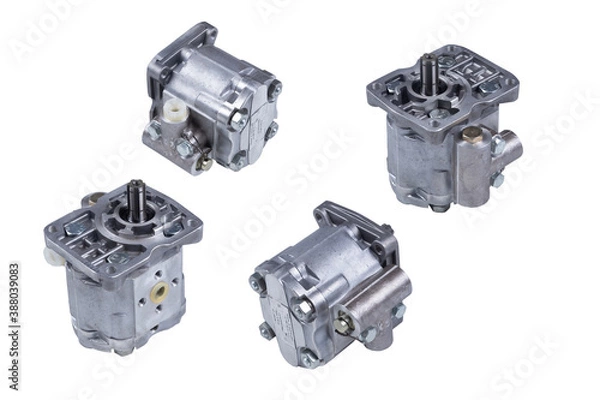 Fototapeta set of four power steering Pumps on a white background. engine details