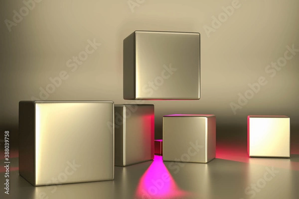 Obraz Pedestal steps and shelf beyond imagination on gold color background spotlight style 3d render illustration. Podium steps for brand promotion product