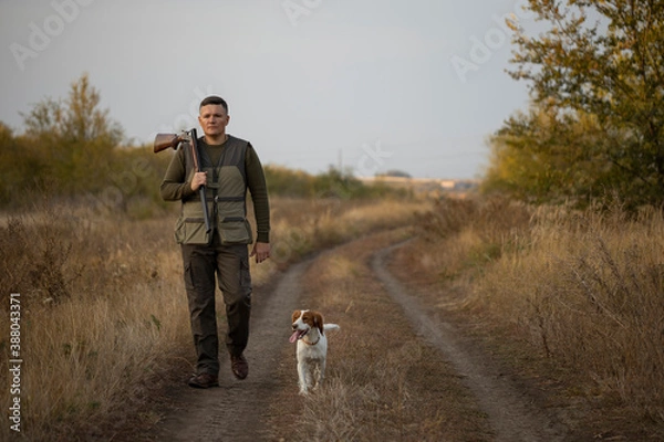 Obraz Hunter with Russian spaniel dog walking on the dirt road. Image taken during big game hunting trip. Hunting period, autumn season open.