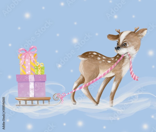Obraz New Year's fawn carrying a sled with gifts