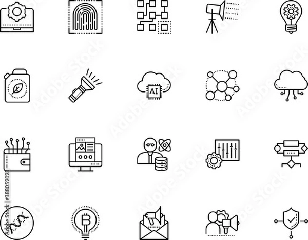 Fototapeta technology vector icon set such as: access, bitcoin, equalizer, setting, manager, email, laptop, safety, portal, night, broadcast, scanner, webpage, commerce, media, purchase, envelope, life, bio