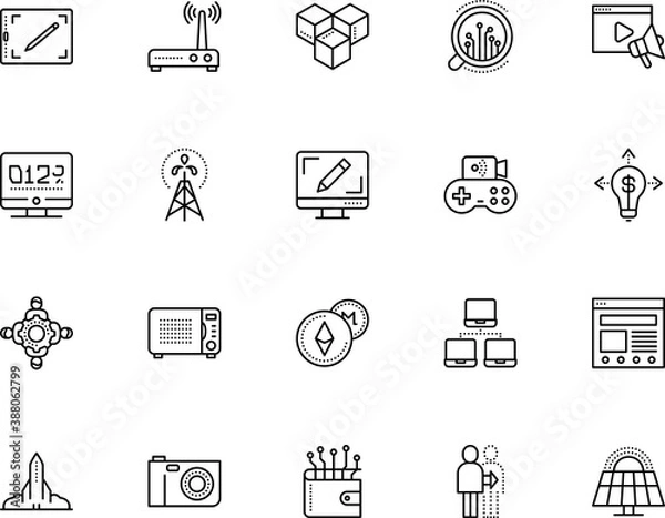 Fototapeta technology vector icon set such as: application, platform, gene, crystal, nature, blueprint, construction, management, kitchen, watch, perspective, front, gadgets, streaming, countdown, flash