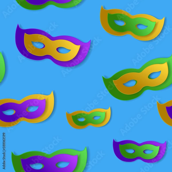 Fototapeta Seamless pattern with green, yellow, violet paper mask on blue backgound. Vector illustration. Mardi Gras elements for banner, holiday, party.
