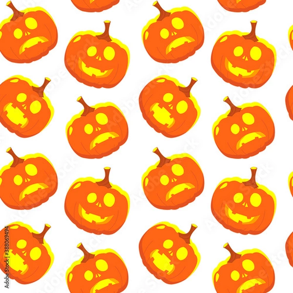Obraz Halloween pumpkin with scary face  seamless pattern on white background. Halloween decor. Pumpkin head. Vector cartoon Illustration. Easy to use for backdrop, textile, wrapping paper, print.	
