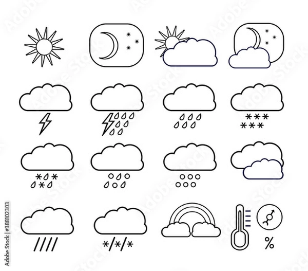 Fototapeta Weather linear icon set with symbols of rain, clouds, sun, vector illustration.