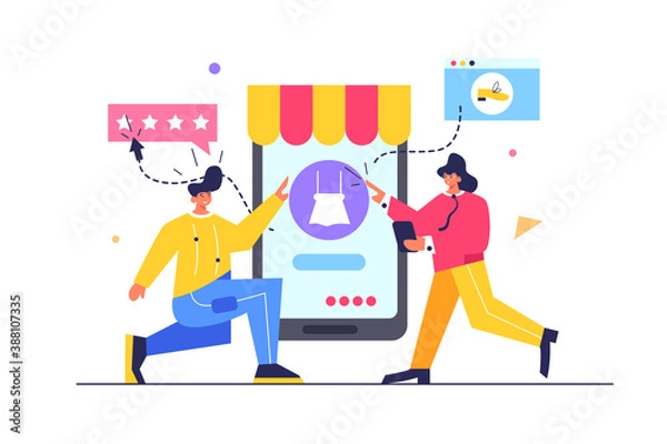 Fototapeta Guy and girl choosing product in mobile store on big mobile phone isolated on white background, flat vector illustration