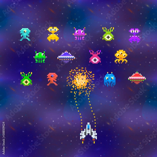 Obraz Cute space invaders in pixel art style on deep space background, vintage gamescreen