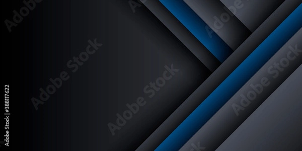 Fototapeta Trendy composition of blue black technical shapes on black background. Dark metallic perforated texture design. Technology illustration. Vector header banner 