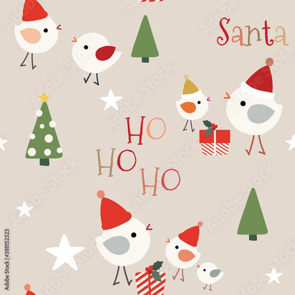 Fototapeta Cute Christmas seamless pattern with Santa hats on happy birds, trees, presents and stars on beige background. Great for winter fabric, textile, holiday wrapping paper, scrapbooking. Surface pattern