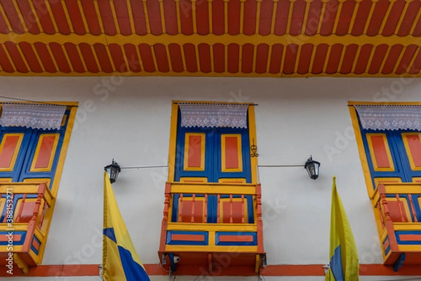 Obraz Balconies and windows of red, blue, green, yellow colors in the coffee region in Colombia.