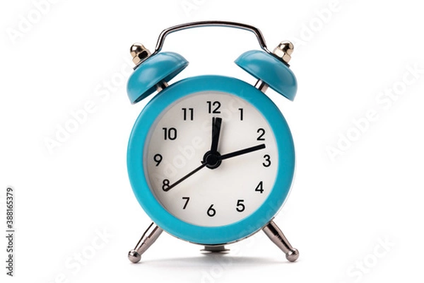 Fototapeta old blue alarm clock isolated on a white background. copy space. studio shot. time symbol. schedule concept