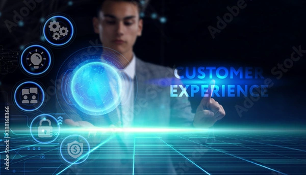 Fototapeta Business, technology, internet and network concept. Young businessman thinks over the steps for successful growth: Customer experience