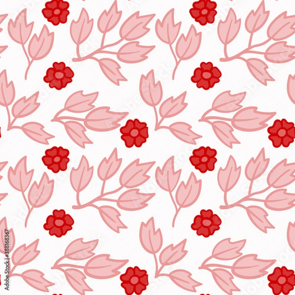 Fototapeta Floral seamless pattern. Hand drawn red flores and pink branches and leaves. For textile design