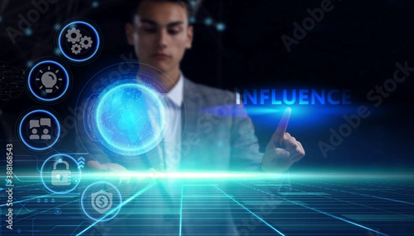 Fototapeta Business, technology, internet and network concept. Young businessman thinks over the steps for successful growth: Influence