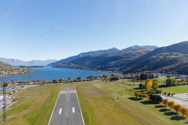Obraz Top view of Queenstown Airport is located in Frankton, Otago, New Zealand, and serves the resort town of Queenstown.