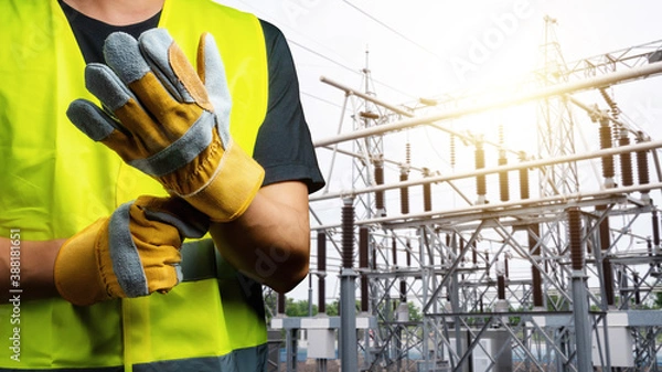Fototapeta An electrician wearing a black T-shirt and personal protective equipment. Are wearing leather gloves to prepare for work. There is a high voltage power station in the background.