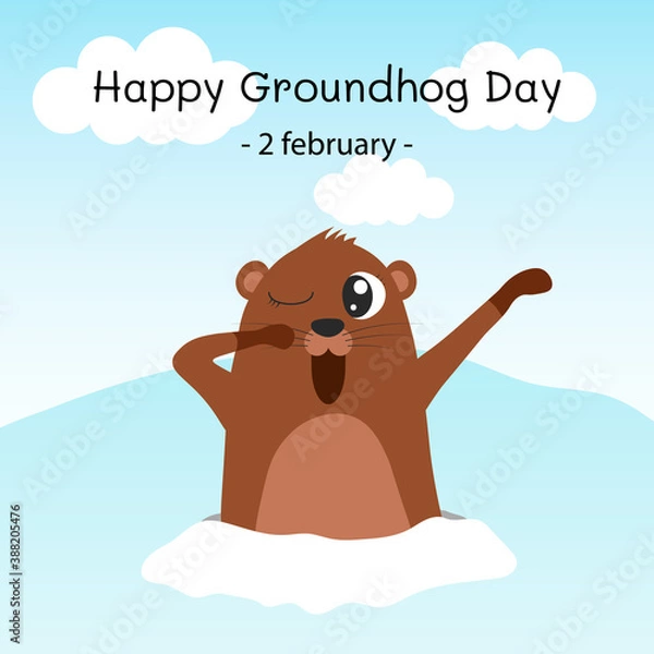 Fototapeta Happy groundhog day. Groundhog coming out of its burrow and yawning. Vector cartoon illustration. Groundhog character. Isolated object.