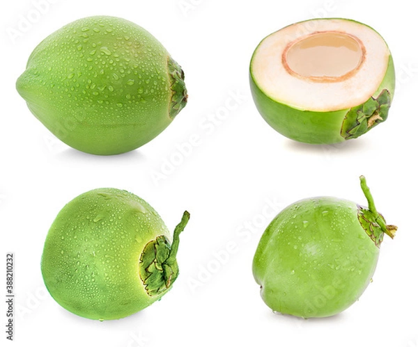 Fototapeta water drop green coconut isolated on white background