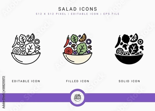 Fototapeta Salad icons set vector illustration with solid icon line style. Healthy diet food concept. Editable stroke icon on isolated white background for web design, user interface, and mobile application