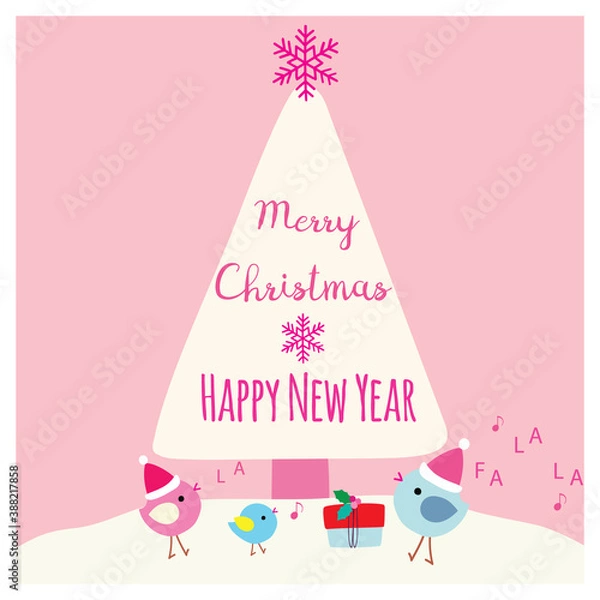 Fototapeta Cute colorful Merry Christmas greeting card with lettering. Happy birds with Santa hats, snow, present and Xmas tree illustration on pink background. Vector design element. Great for stickers, labels