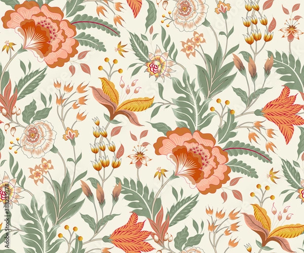 Fototapeta Fantasy flowers in retro, vintage, Jacobean embroidery style. Element for design. Colored vector illustration. Isolated on white background