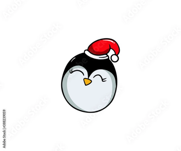 Obraz Cute penguin with a red hat character vector illustration.  Happy winter holiday and Merry christmas concept. Isolated on white background Greeting card design, posters, gift tags and labels.