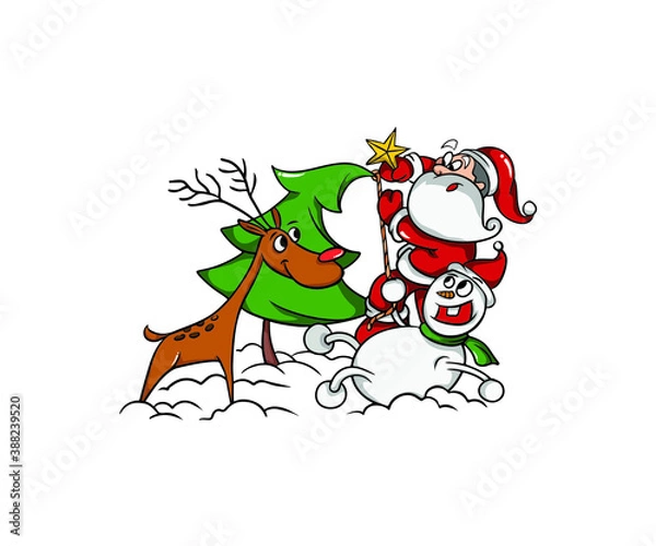 Obraz Cartoon christmas vector illustrations isolated on white. Funny happy Santa Claus character with gift, bag with presents, waving and greeting.