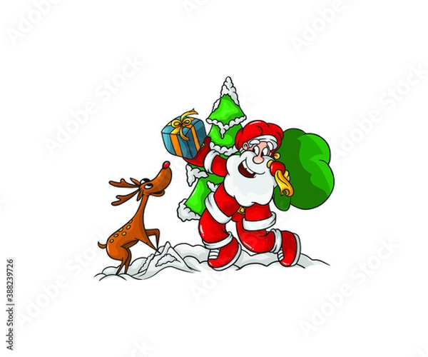 Obraz Cartoon christmas vector illustrations isolated on white. Funny happy Santa Claus character with gift, bag with presents, waving and greeting.