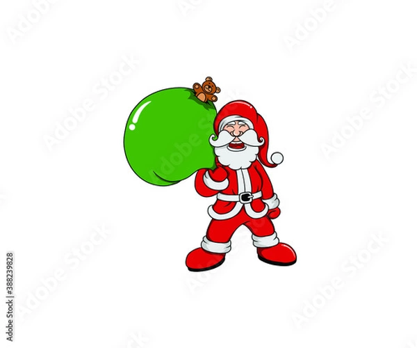 Obraz Cartoon christmas vector illustrations isolated on white. Funny happy Santa Claus character with gift, bag with presents, waving and greeting.