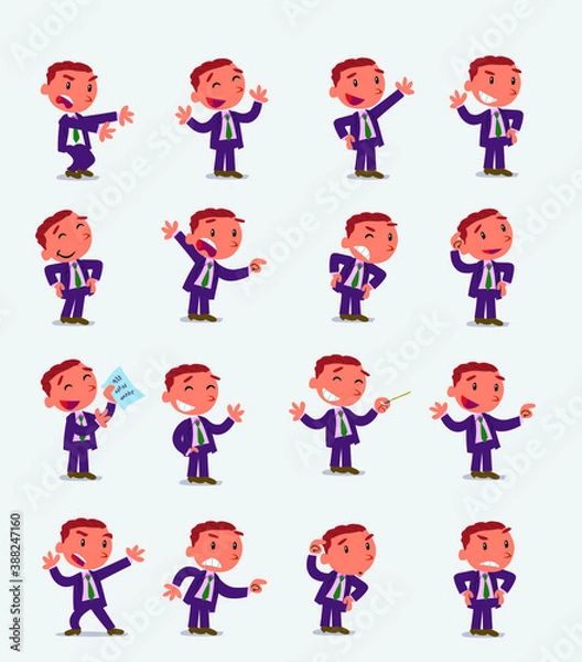 Fototapeta Cartoon character businessman in smart casual style. Set with different postures, attitudes and poses, doing different activities in isolated vector illustrations.