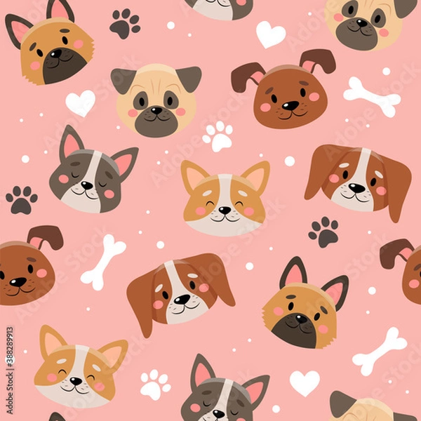 Fototapeta Cute pets pattern with different dogs. illustration in flat style